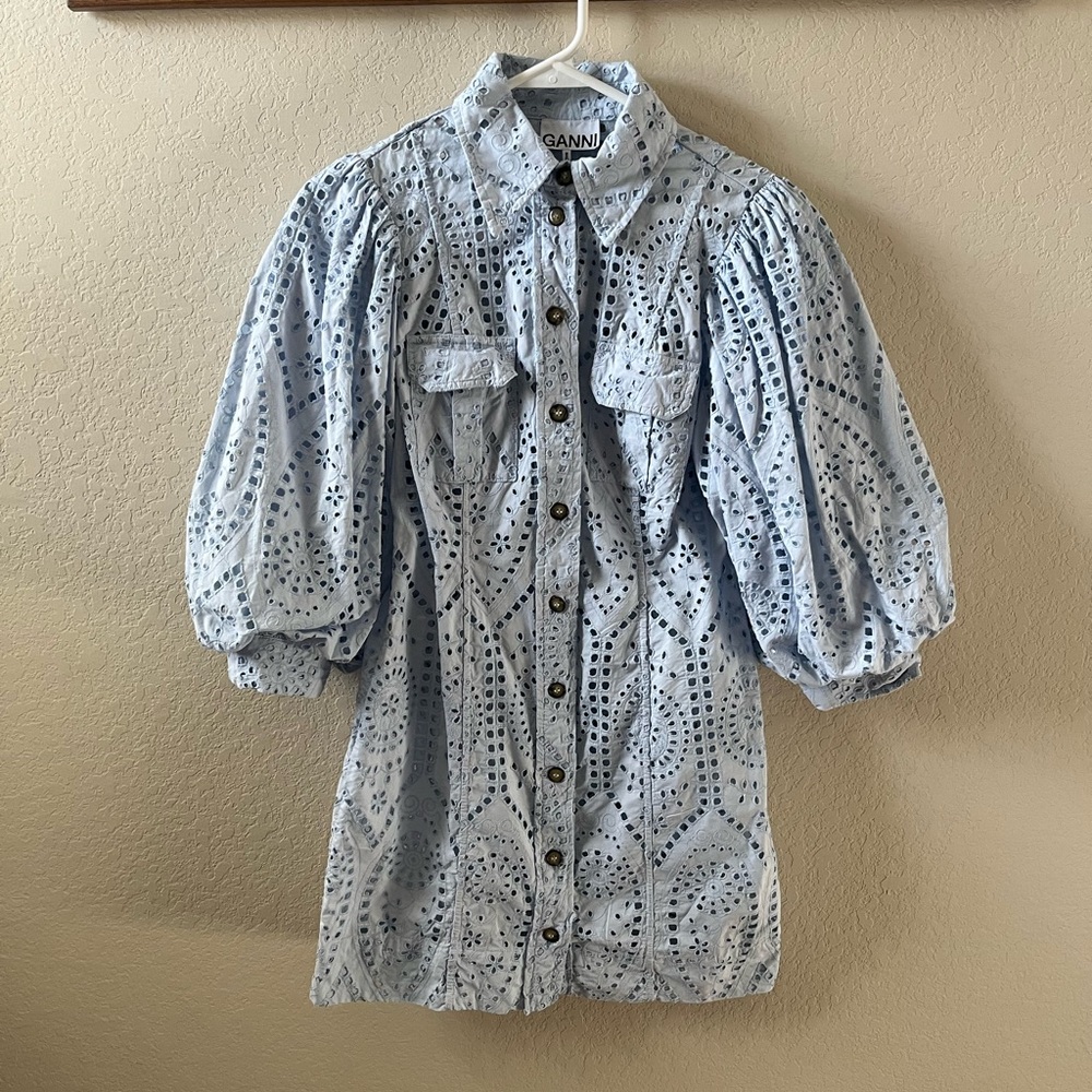 Ganni Women’s Blue Balloon-Sleeve Broderie Anglaise Mini Shirt Dress 100% Cotton - Picture 4 of 16